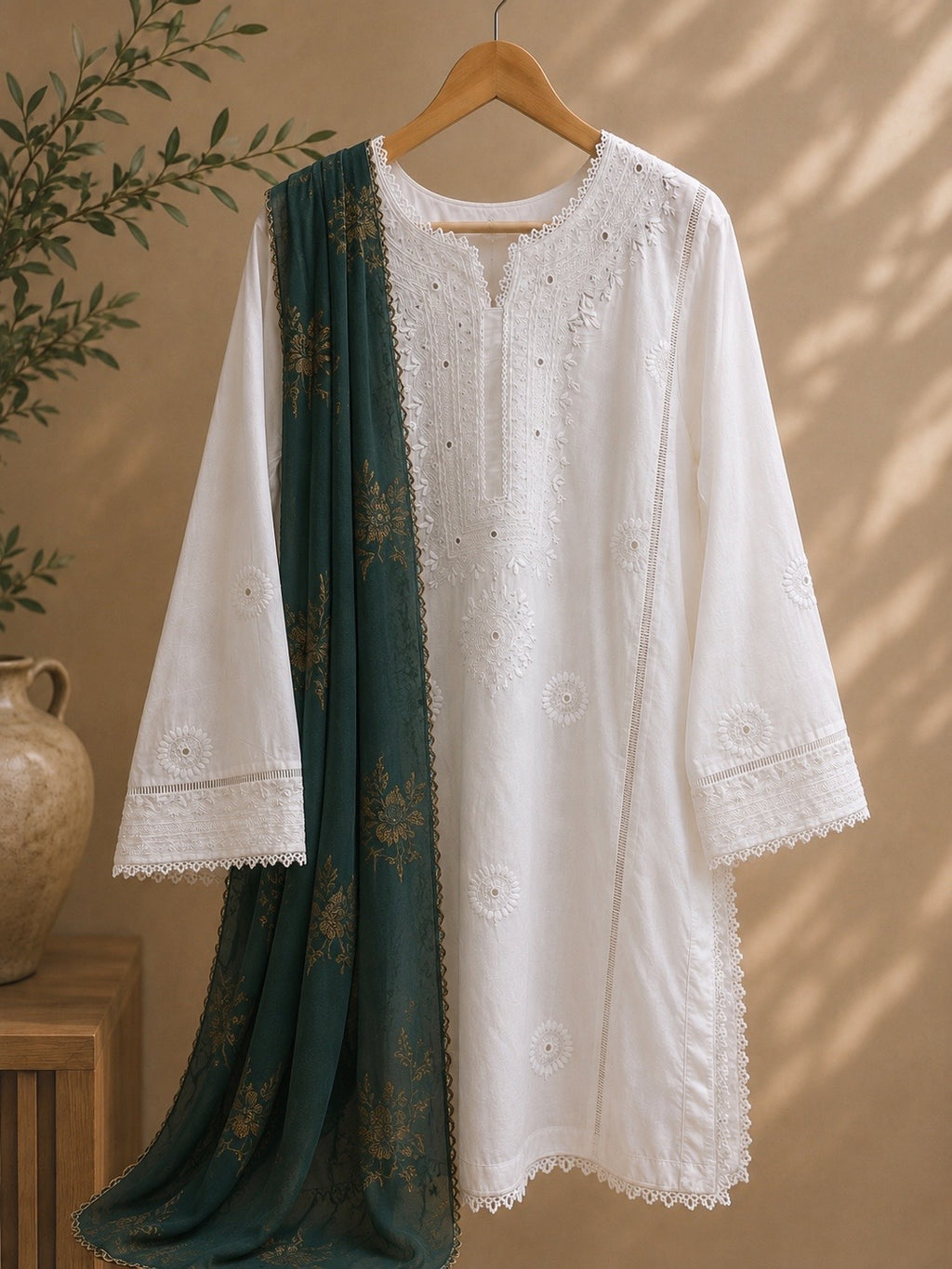 3 Piece - Azadi Noor Pure White Embroidered Lawn Suit with Jacquard Dupatta