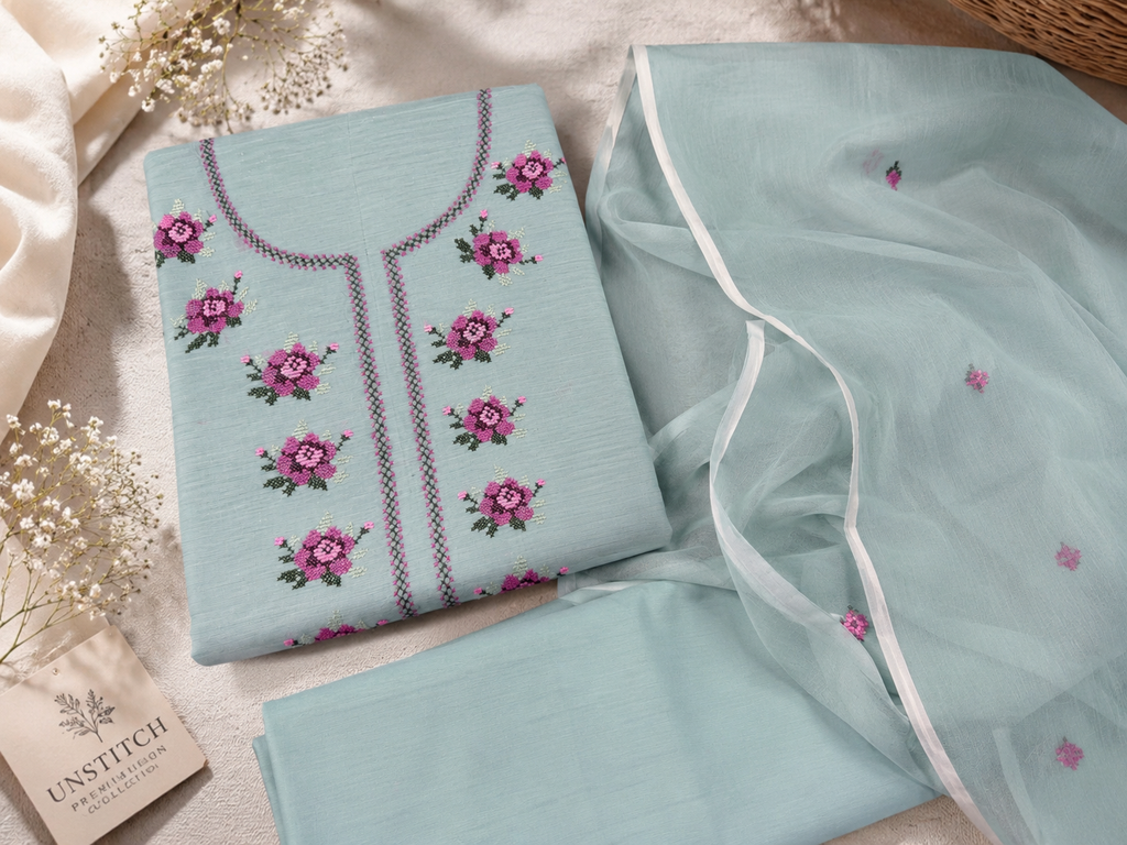 Powder Blue Embroidered Paper Cotton 3-Piece Suit