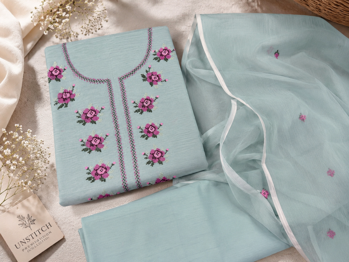 Powder Blue Embroidered Paper Cotton 3-Piece Suit