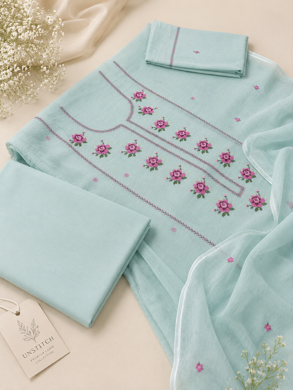 Powder Blue Embroidered Paper Cotton 3-Piece Suit