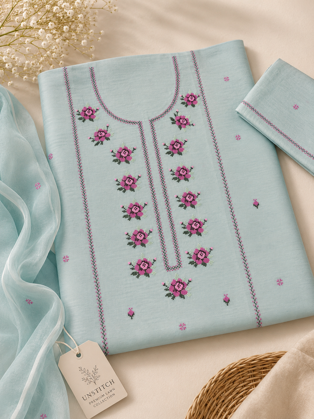 Powder Blue Embroidered Paper Cotton 3-Piece Suit