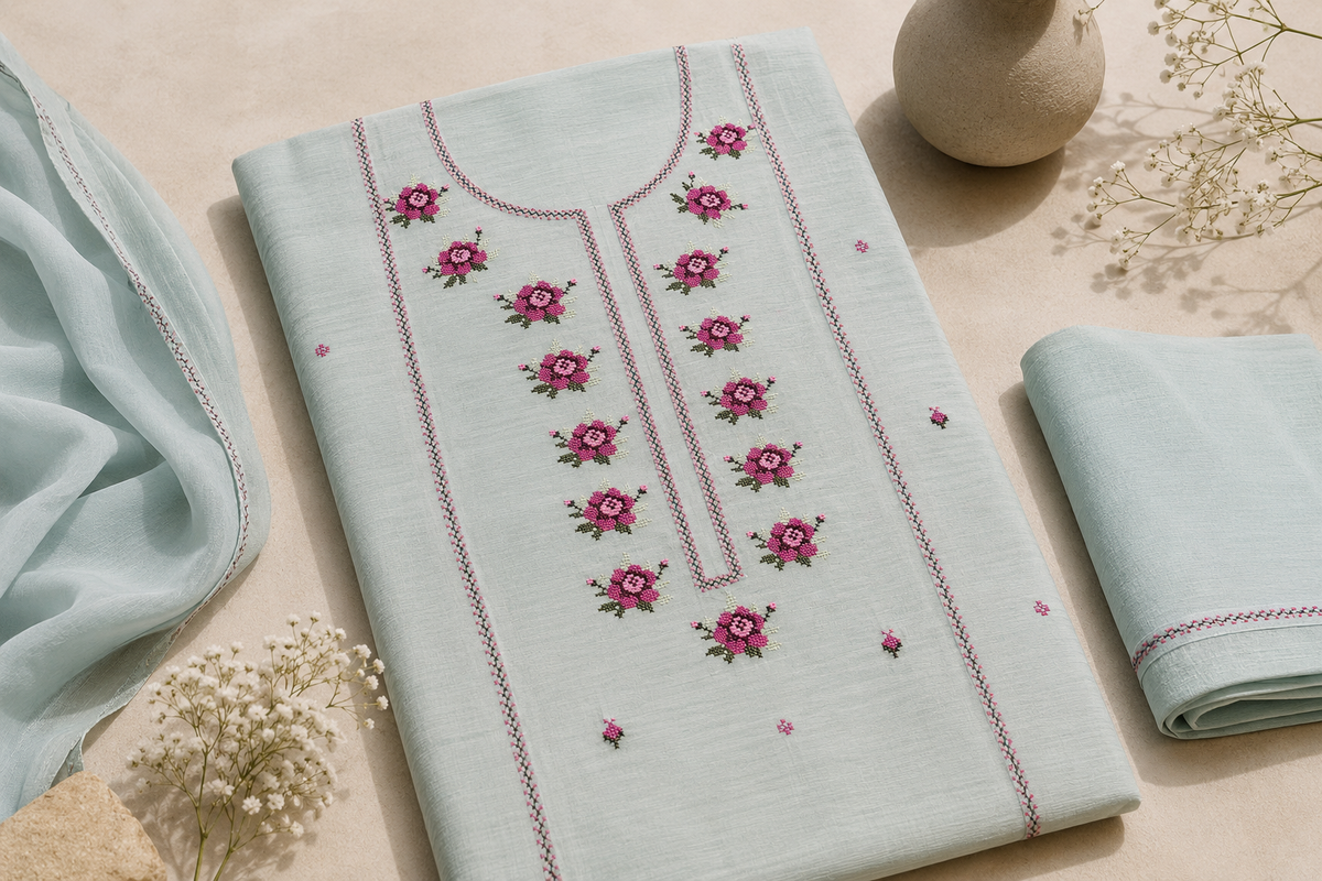 Powder Blue Embroidered Paper Cotton 3-Piece Suit