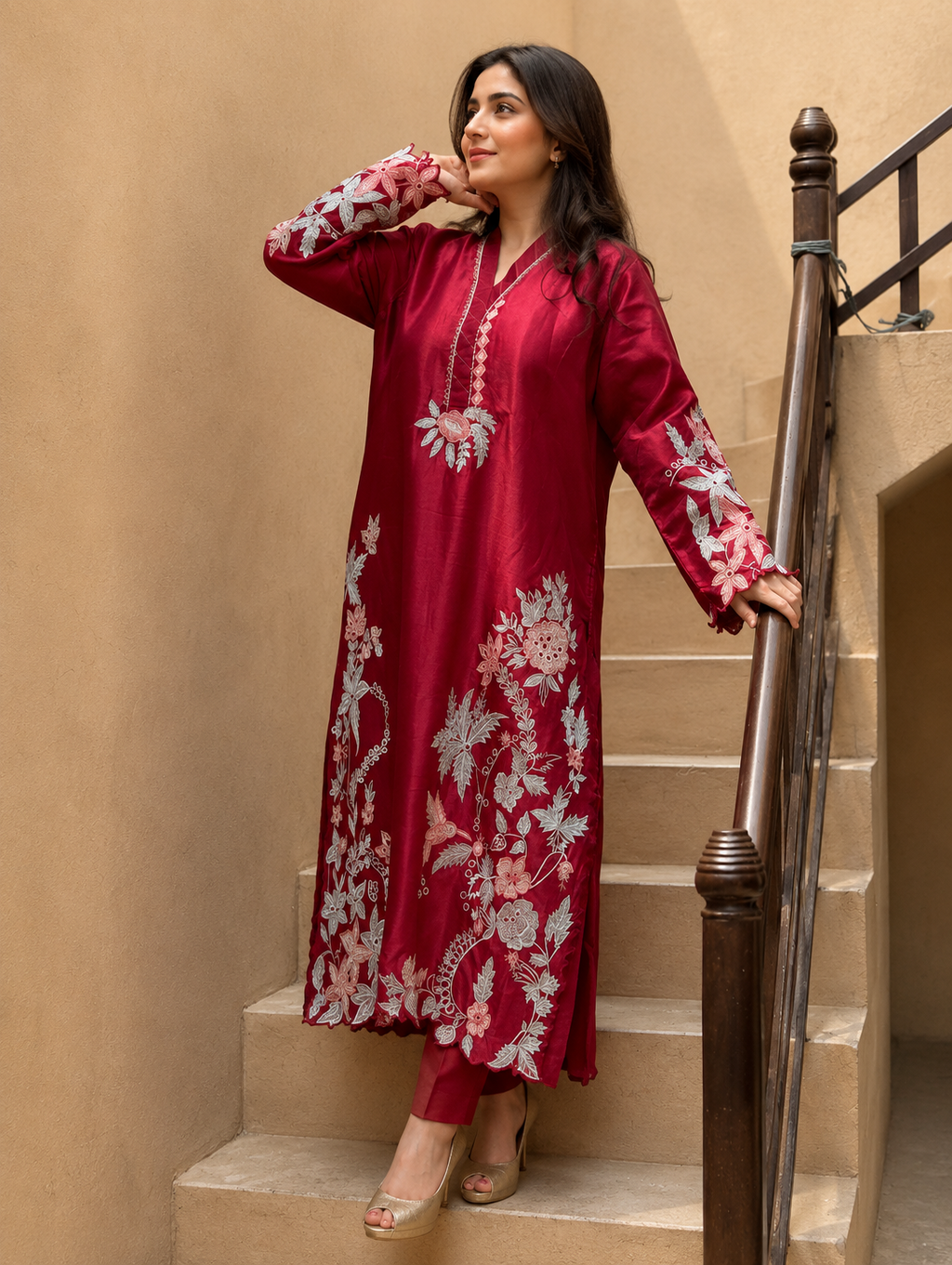 2 Piece - Crimson Bloom Tasar Silk Kaftan Suit