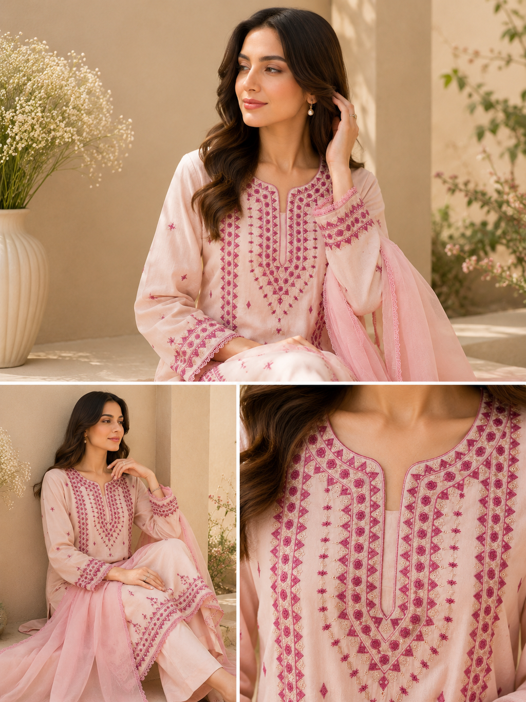 3 Piece - Rosé Bloom Premium Lawn Suit with Plain Chiffon Dupatta