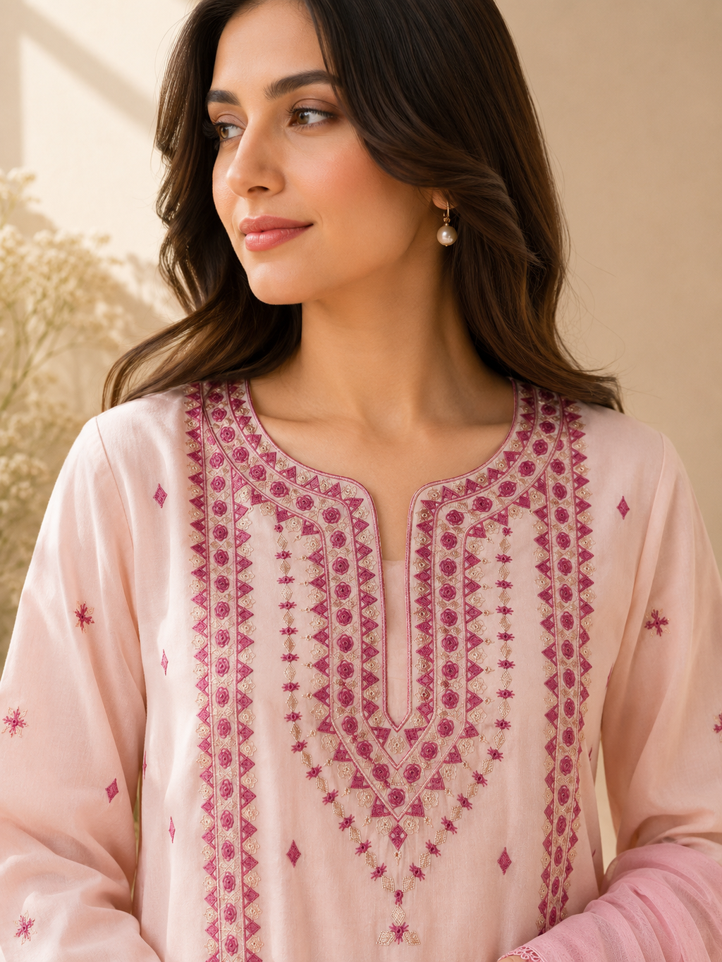3 Piece - Rosé Bloom Premium Lawn Suit with Plain Chiffon Dupatta