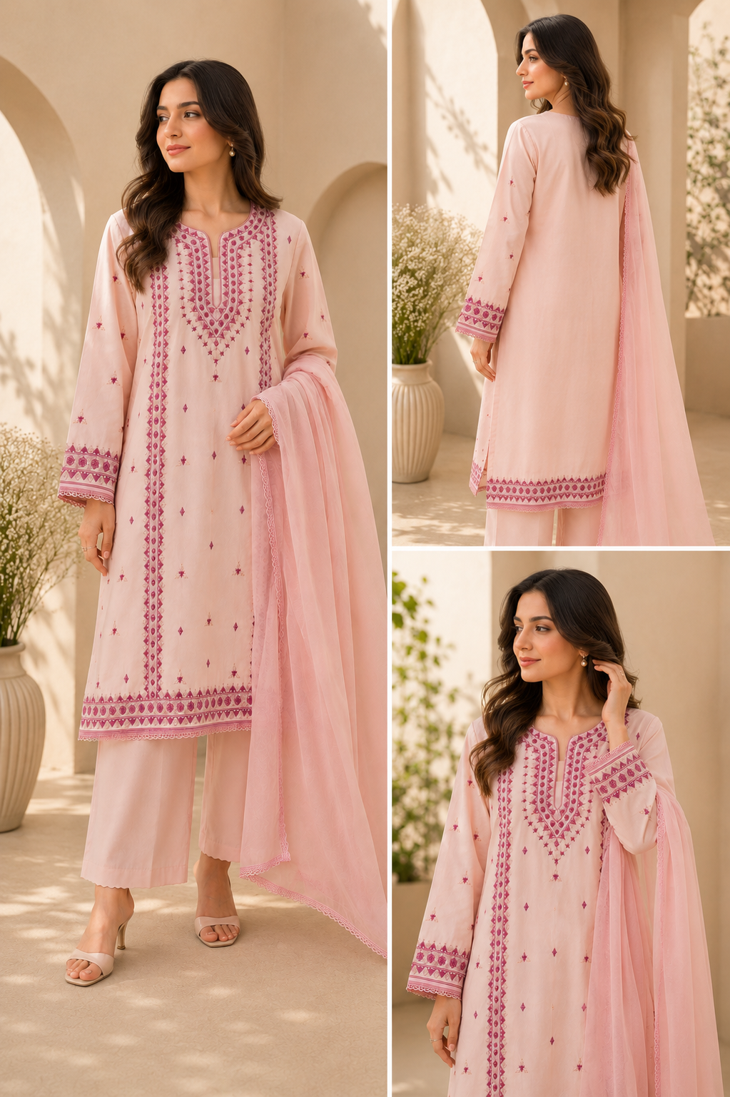 3 Piece - Rosé Bloom Premium Lawn Suit with Plain Chiffon Dupatta