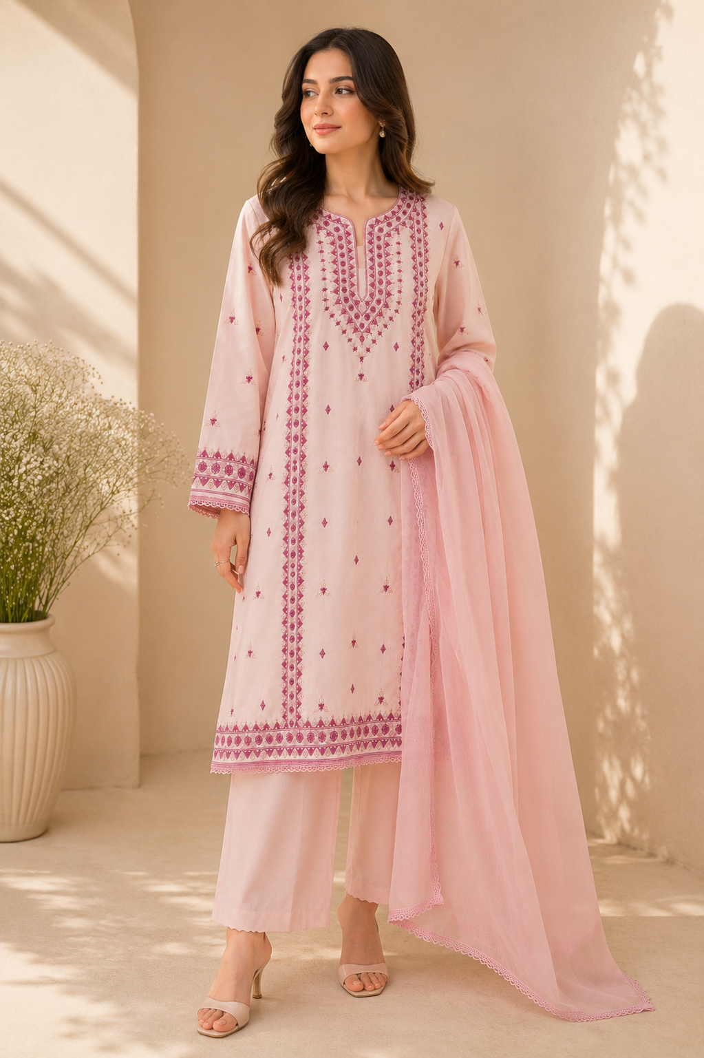 3 Piece - Rosé Bloom Premium Lawn Suit with Plain Chiffon Dupatta