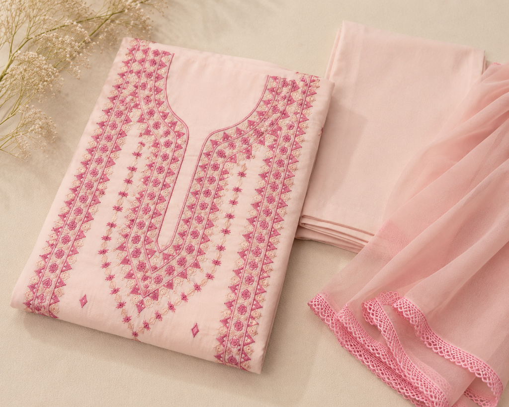 3 Piece - Rosé Bloom Premium Lawn Suit with Plain Chiffon Dupatta