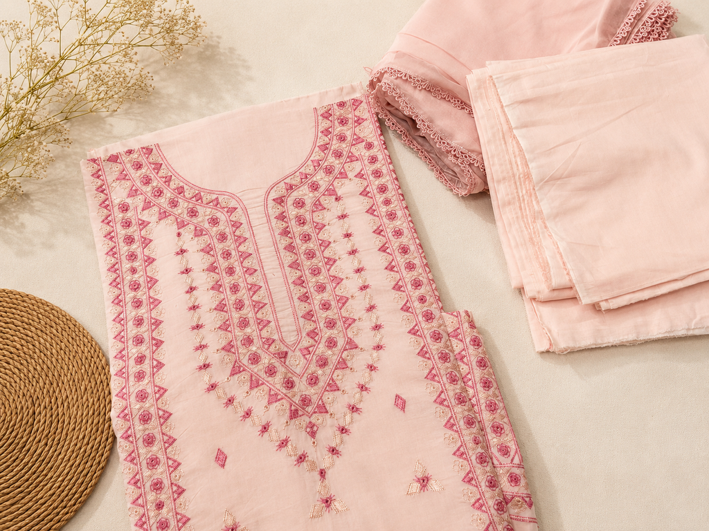 3 Piece - Rosé Bloom Premium Lawn Suit with Plain Chiffon Dupatta