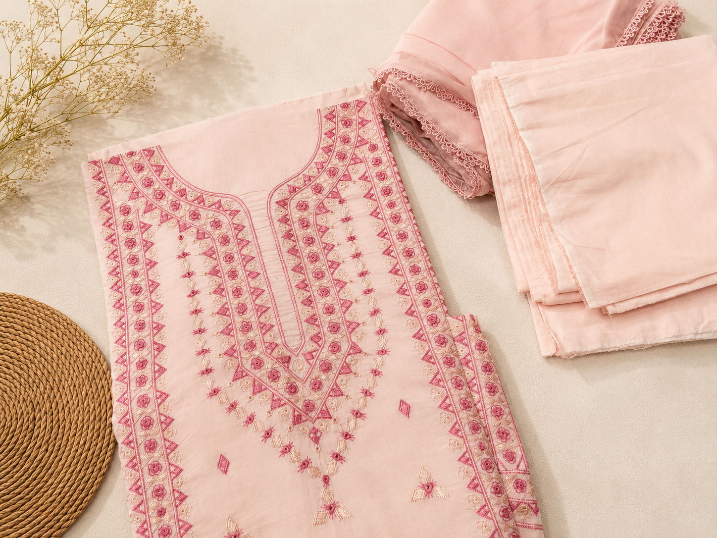 3 Piece - Rosé Bloom Premium Lawn Suit with Plain Chiffon Dupatta