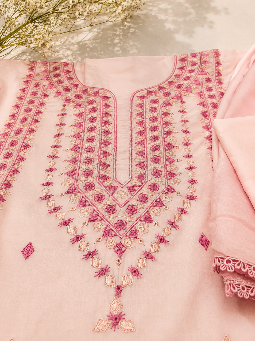 3 Piece - Rosé Bloom Premium Lawn Suit with Plain Chiffon Dupatta