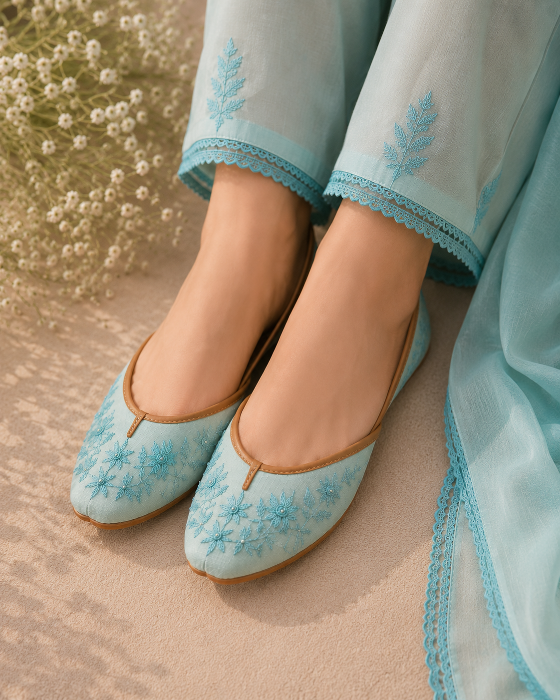Aqua Bloom Handmade Embroidered Khussa