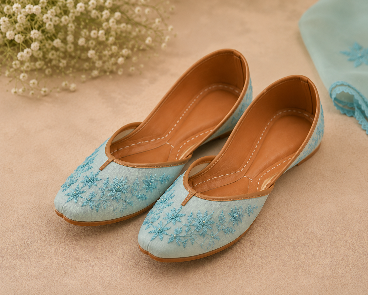Aqua Bloom Handmade Embroidered Khussa