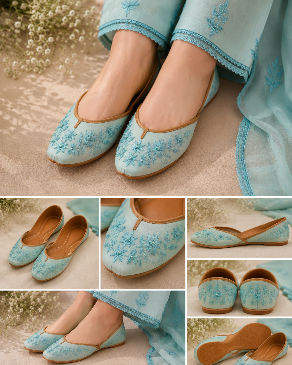 Aqua Bloom Handmade Embroidered Khussa