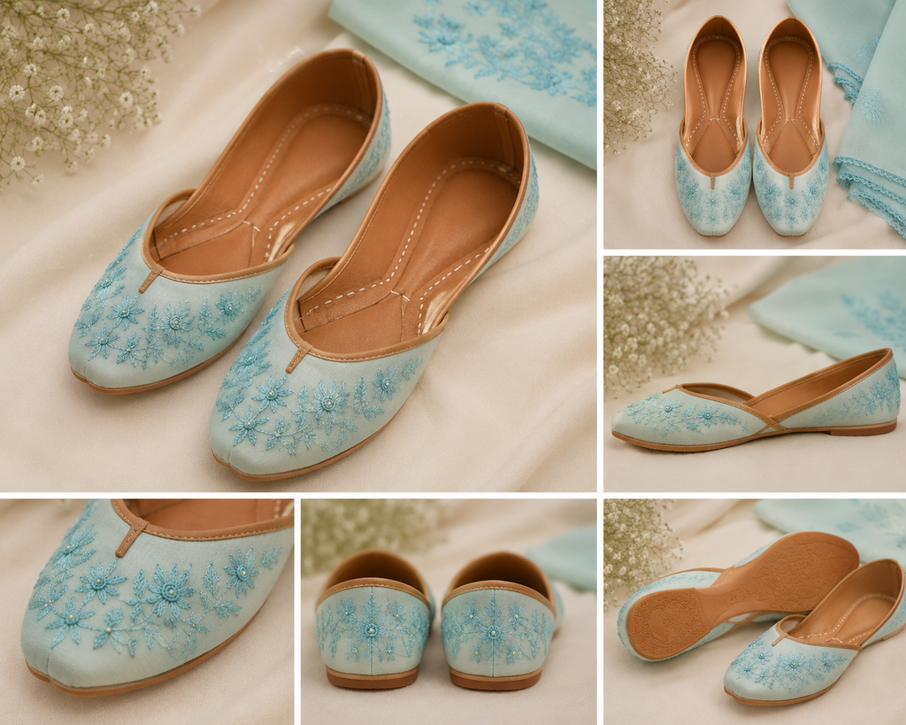 Aqua Bloom Handmade Embroidered Khussa