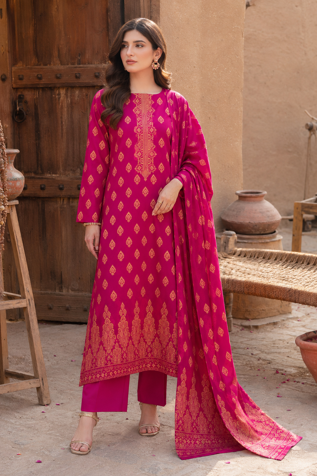 3 Piece - Fuchsia Royale Printed Lawn Suit with Jacquard Dupatta