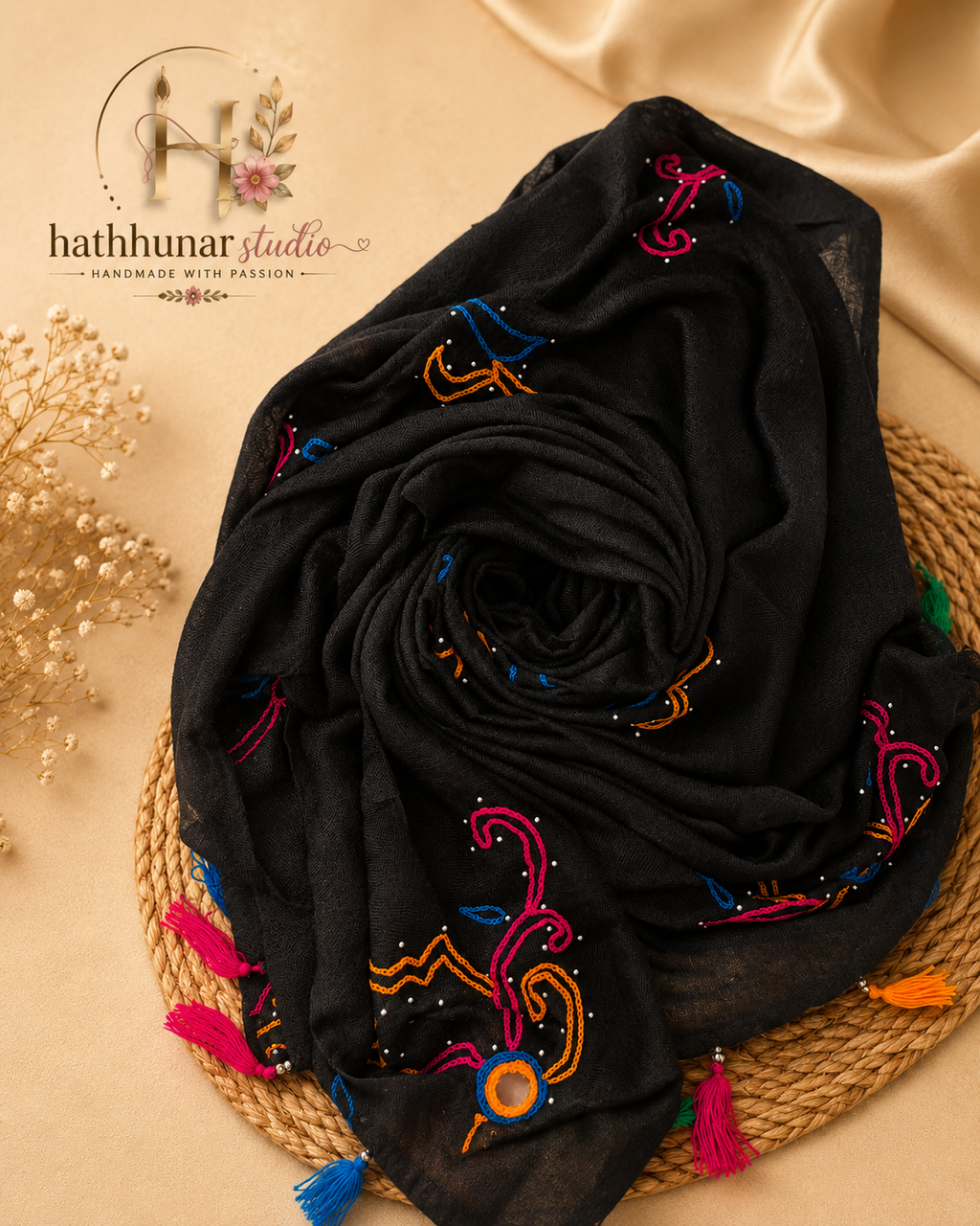 3 Piece – Handcrafted Black Linen Blend Stroller Bundle with Multicolor Embroidery (2.15 Meter Each)