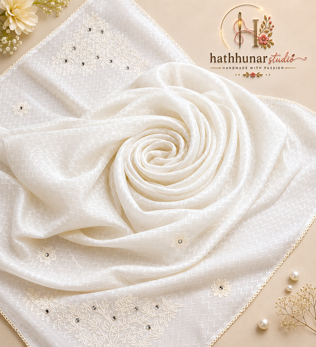 Handcrafted White Cotton Blend Chaddar with Floral Embroidery – 3 Meter