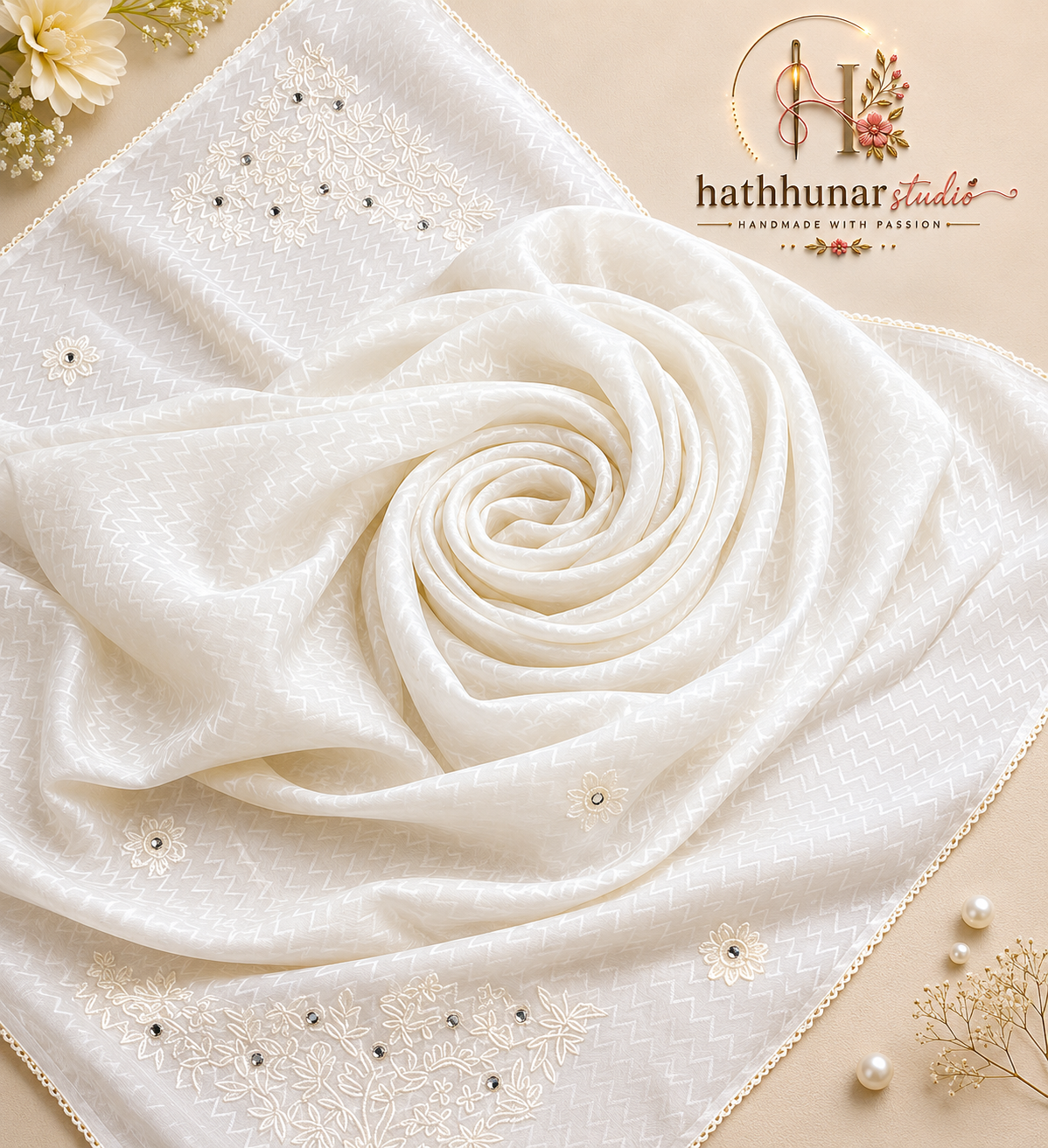 Handcrafted White Cotton Blend Chaddar with Floral Embroidery – 3 Meter