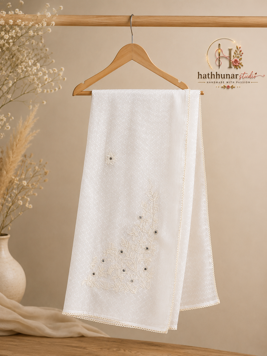 Handcrafted White Cotton Blend Chaddar with Floral Embroidery – 3 Meter