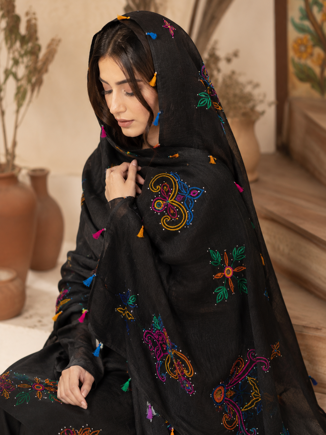 3 Piece – Handcrafted Black Linen Blend Stroller Bundle with Multicolor Embroidery (2.15 Meter Each)