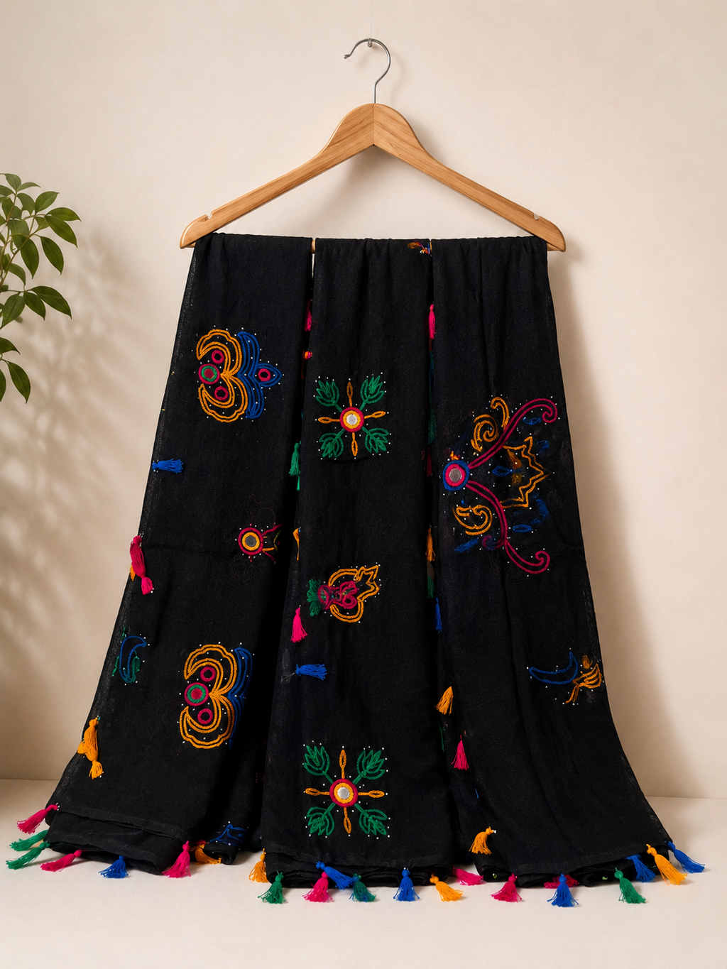 3 Piece – Handcrafted Black Linen Blend Stroller Bundle with Multicolor Embroidery (2.15 Meter Each)