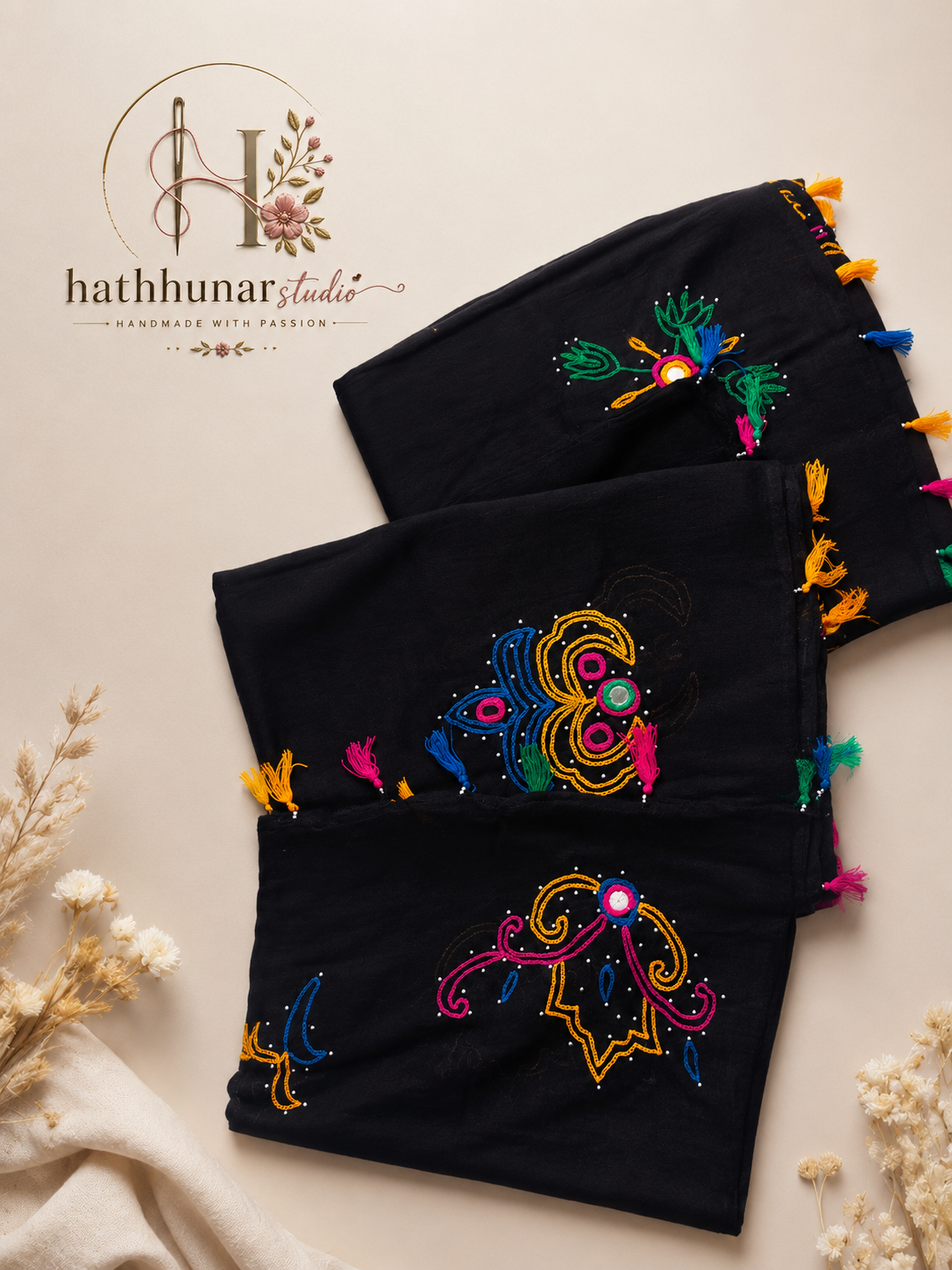3 Piece – Handcrafted Black Linen Blend Stroller Bundle with Multicolor Embroidery (2.15 Meter Each)