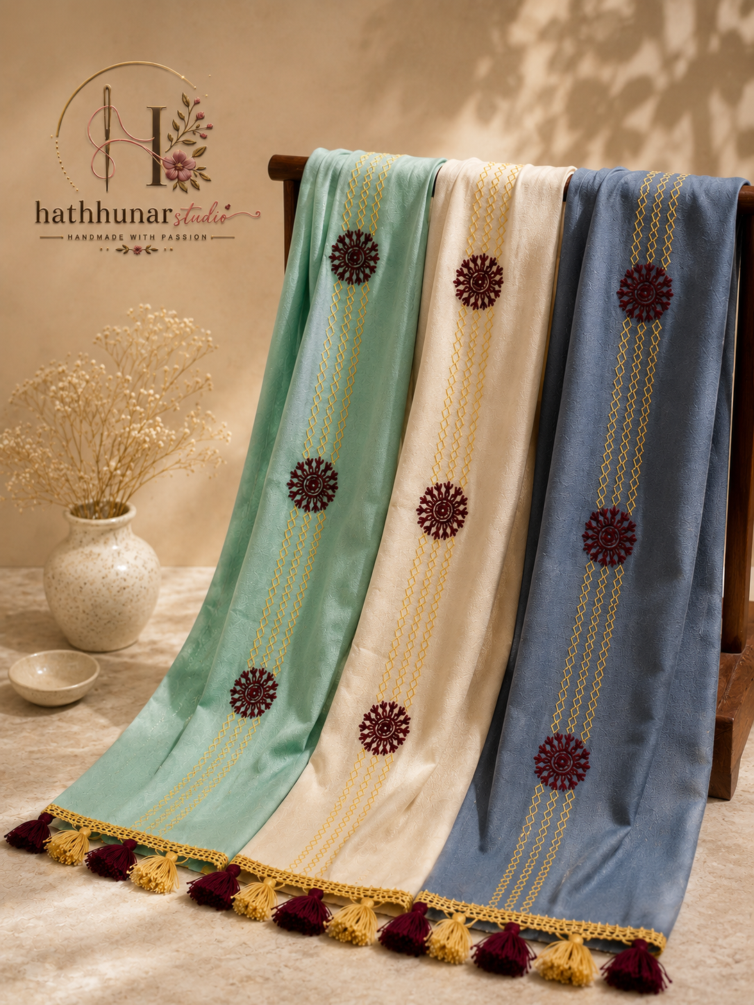 3 Piece – Hand Embroidered Linen Blend Scarf Bundle (2.5 Meter Each)