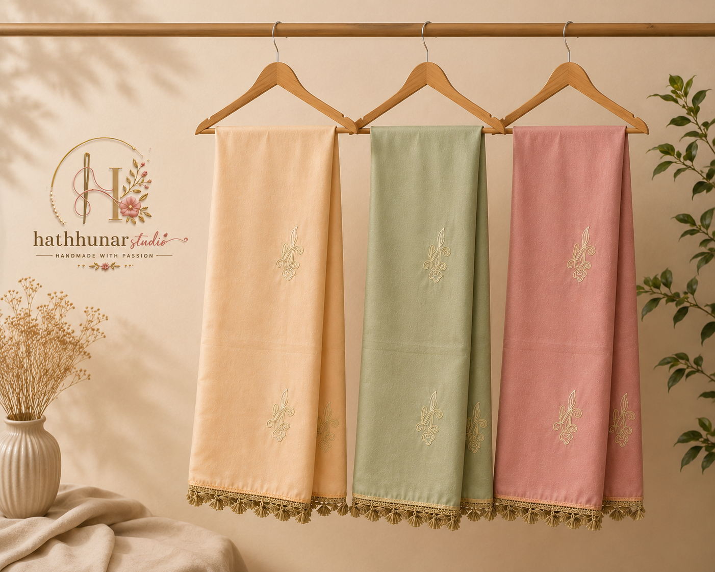 3 Piece – Hand Embroidered Linen Blend Scarf Bundle (2.5 Meter Each)