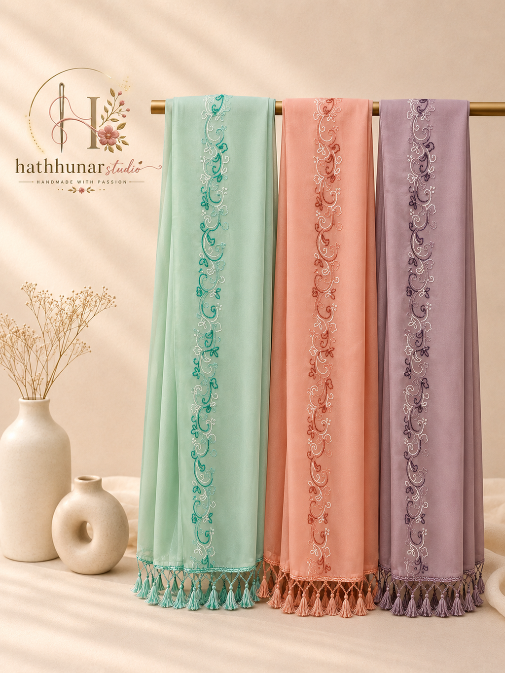 Bundle of Three - Embroidered Linen Blend Scarf in Pastel Hues (2.5 Meter Each)