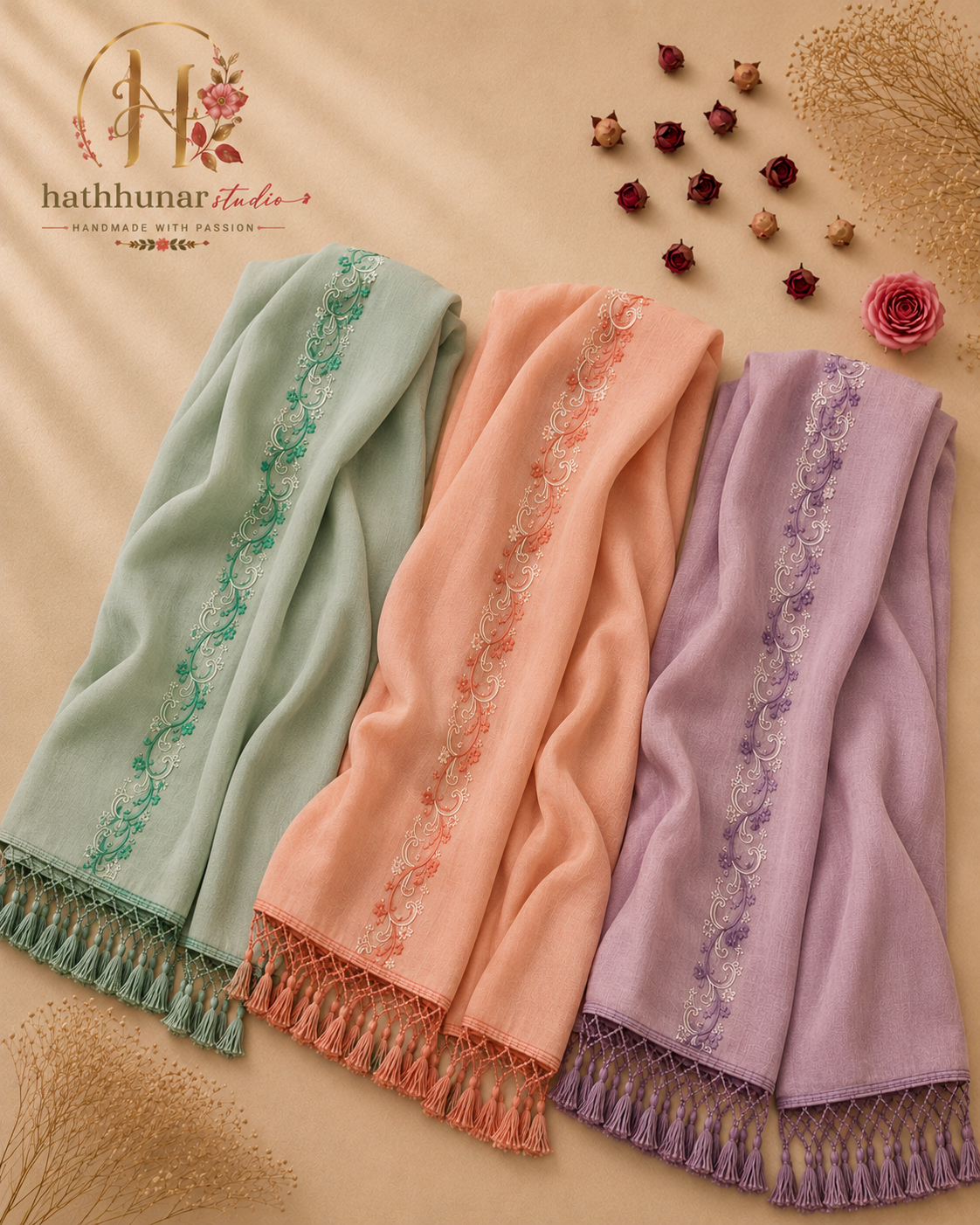 3 Piece – Hand Embroidered Linen Blend Scarf Bundle (2.5 Meter Each)