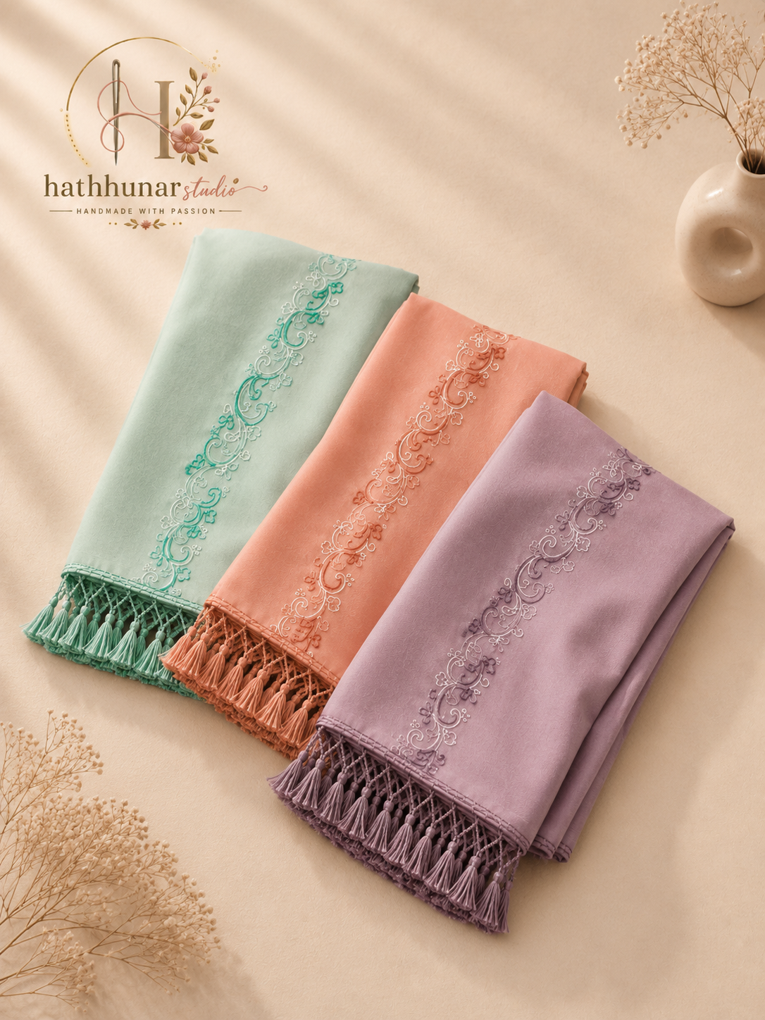 3 Piece – Hand Embroidered Linen Blend Scarf Bundle (2.5 Meter Each)
