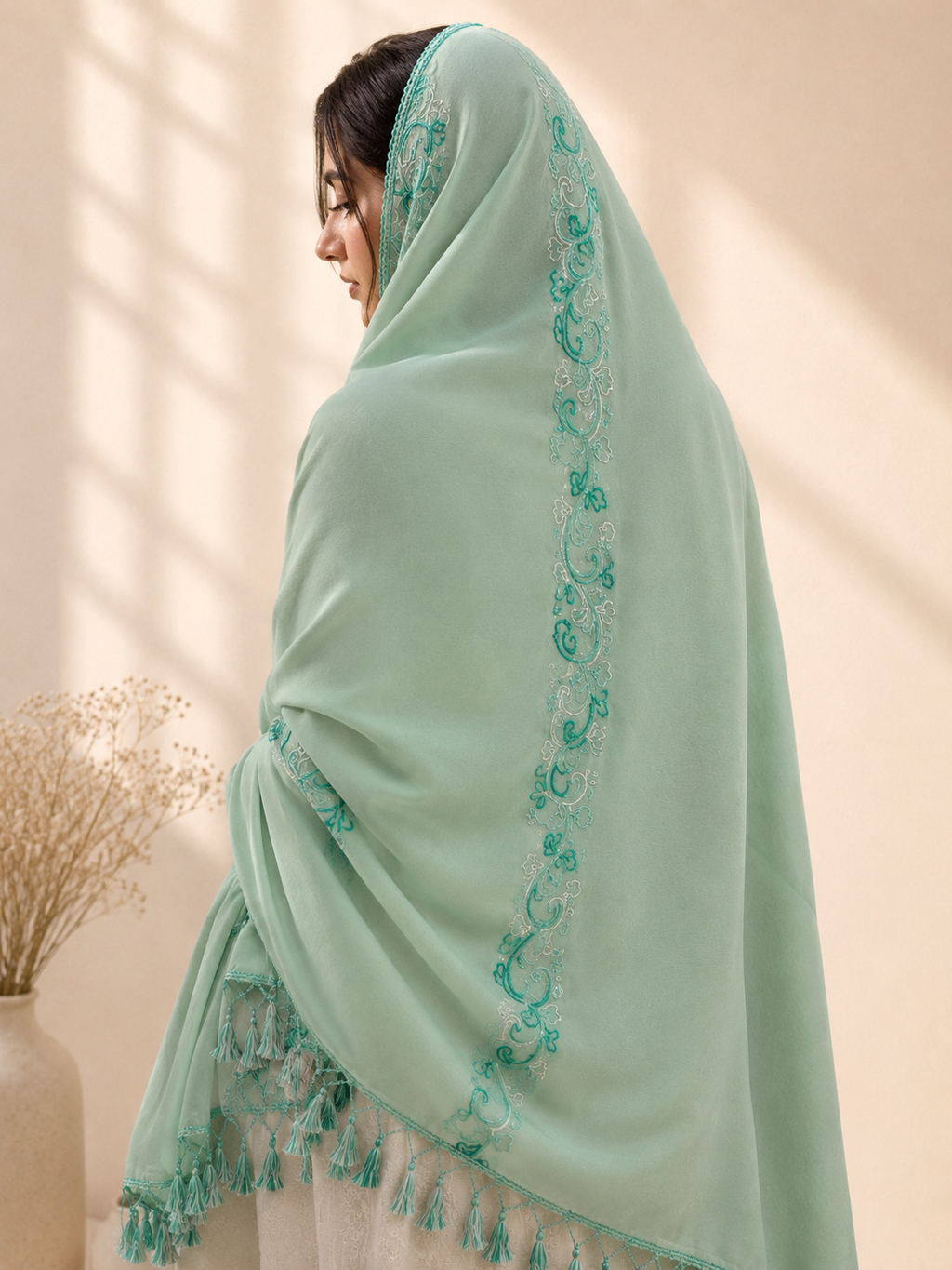 Bundle of Three - Embroidered Linen Blend Scarf in Pastel Hues (2.5 Meter Each)