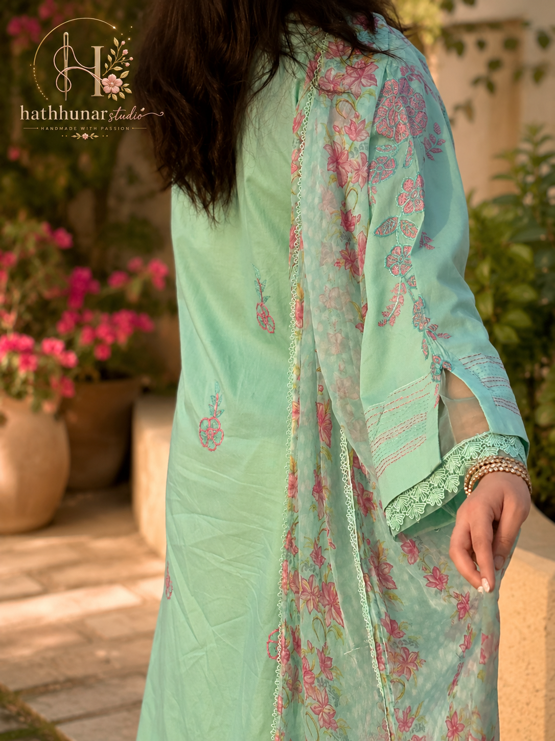 3 Piece - Mint Blossom Printed Lawn Suit with Chiffon Dupatta