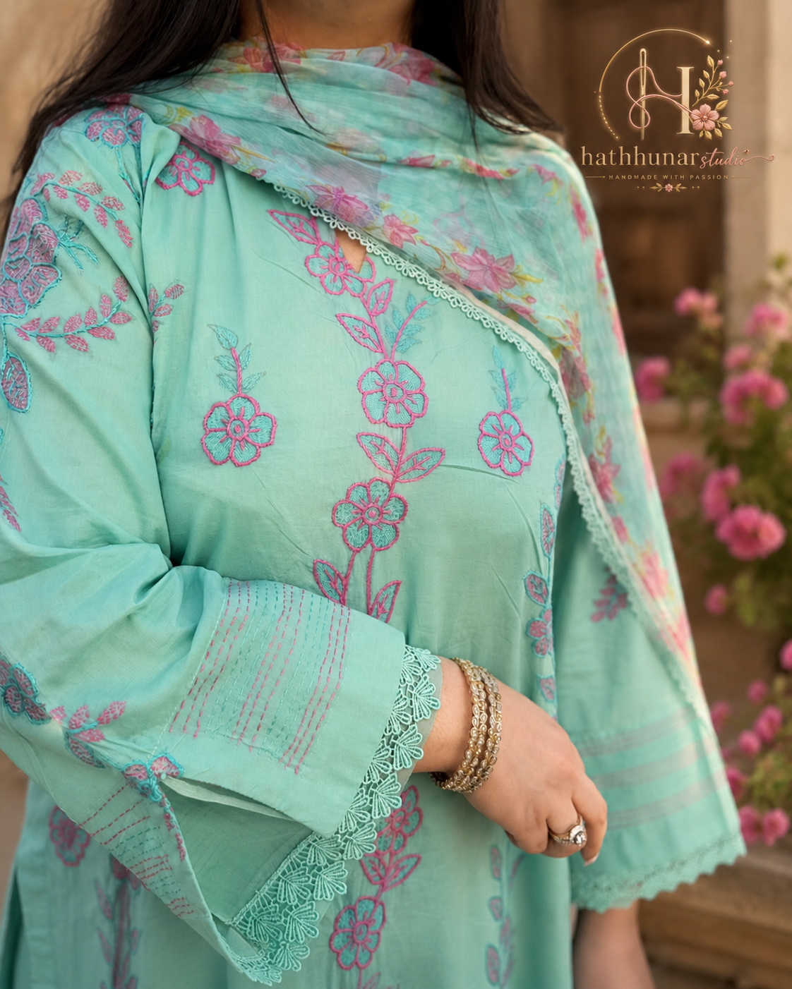 3 Piece - Mint Blossom Printed Lawn Suit with Chiffon Dupatta