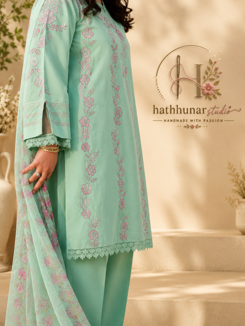 3 Piece - Mint Blossom Printed Lawn Suit with Chiffon Dupatta
