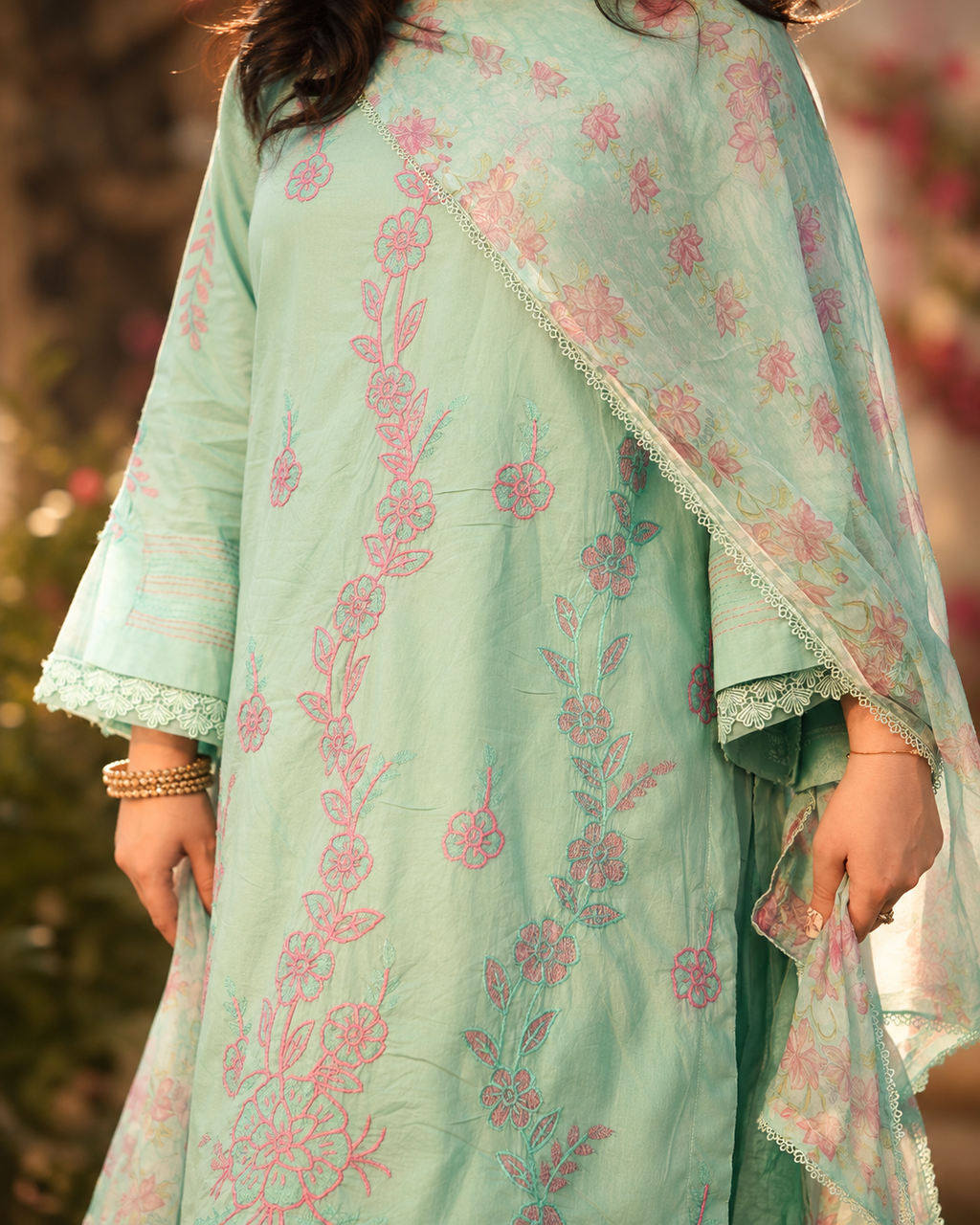 3 Piece - Mint Blossom Printed Lawn Suit with Chiffon Dupatta