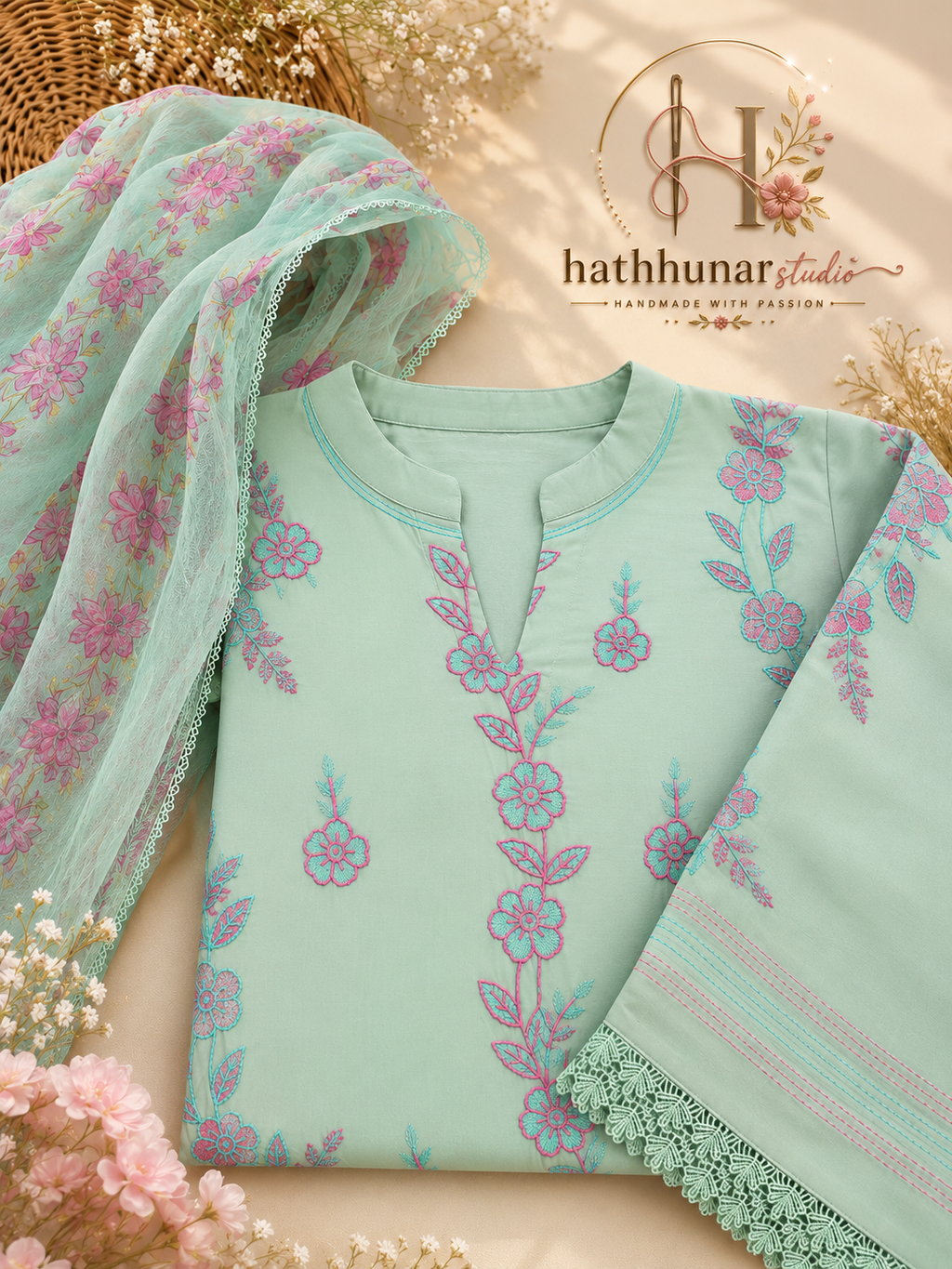 3 Piece - Mint Blossom Printed Lawn Suit with Chiffon Dupatta