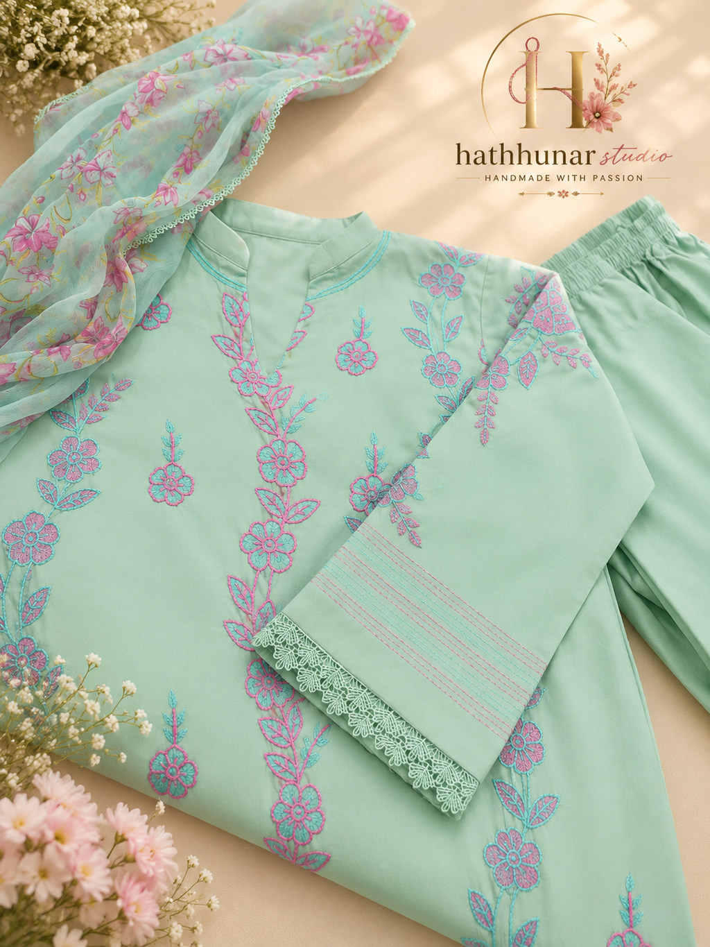 3 Piece - Mint Blossom Printed Lawn Suit with Chiffon Dupatta