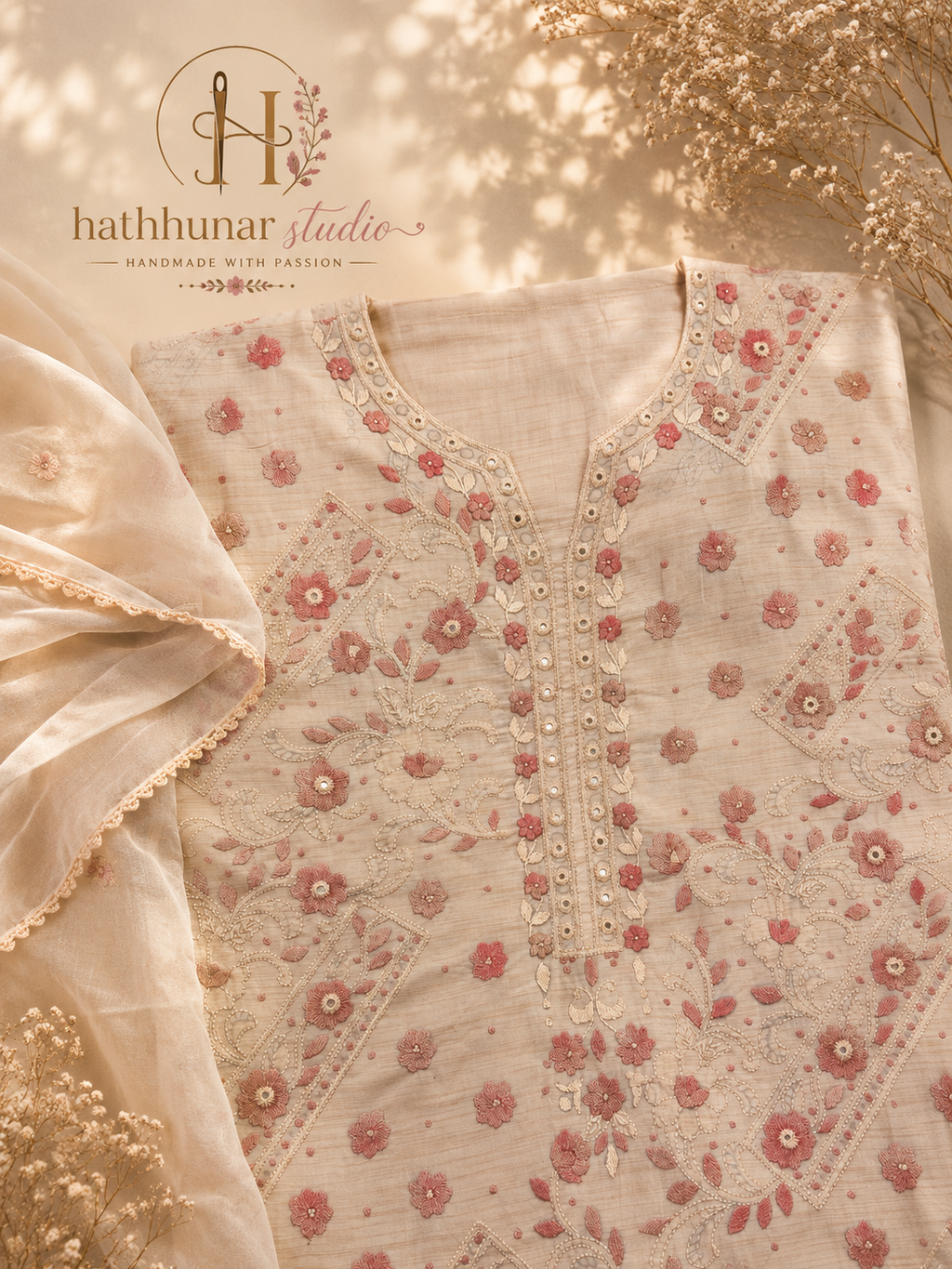3 Piece - Blush Petal Embroidered Lawn Suit with Chiffon Dupatta