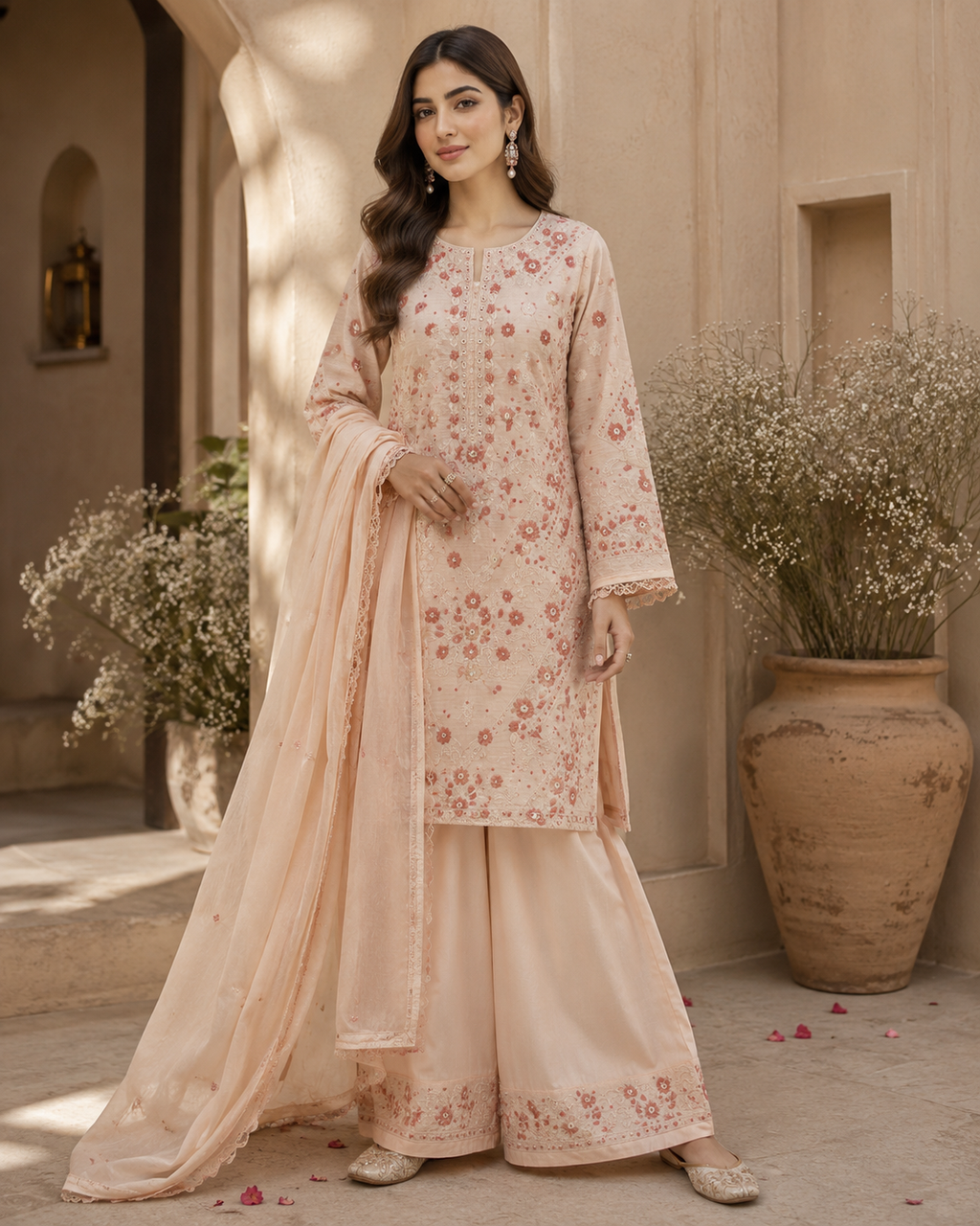 3 Piece - Blush Petal Embroidered Lawn Suit with Chiffon Dupatta