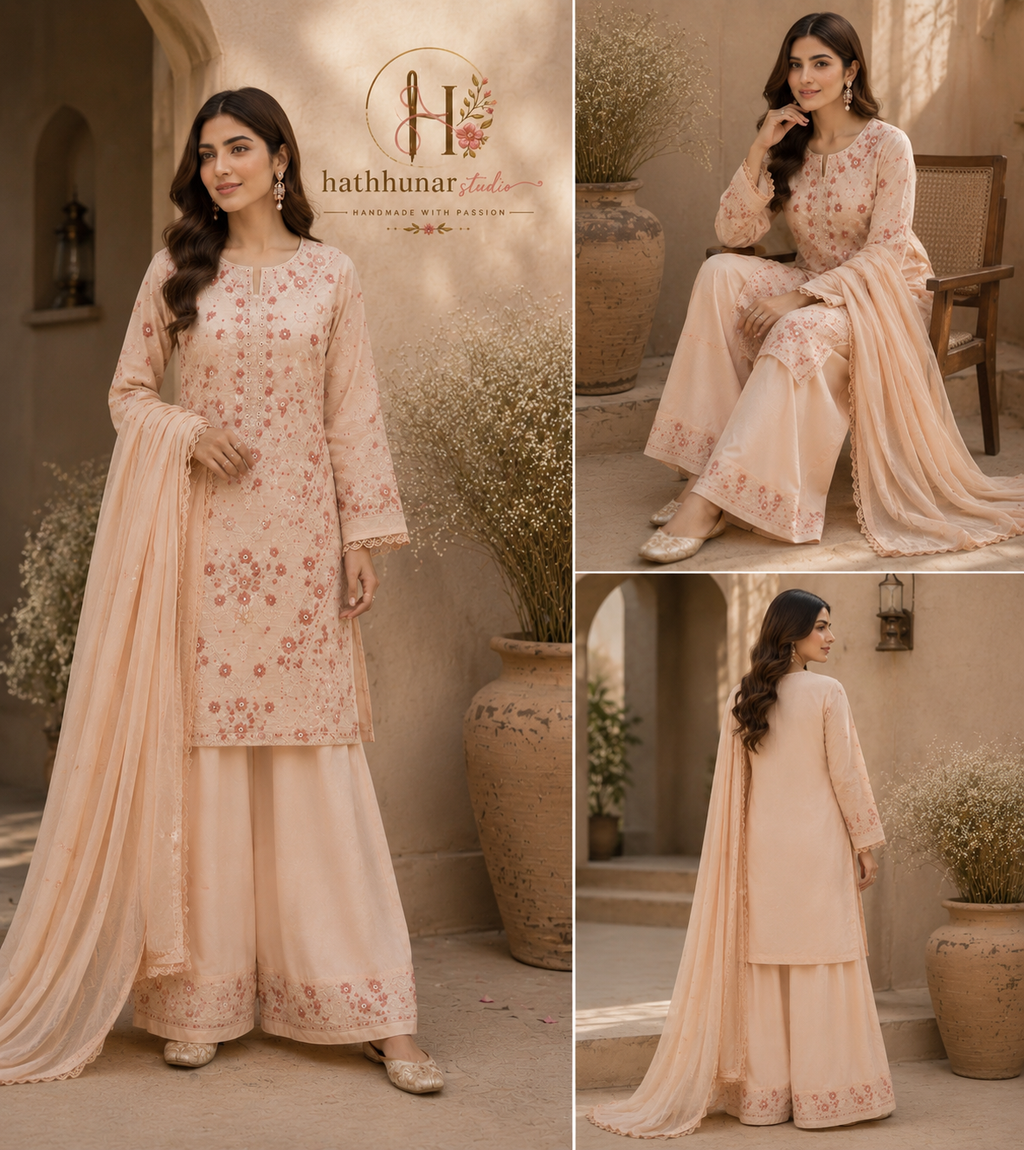 3 Piece - Blush Petal Embroidered Lawn Suit with Chiffon Dupatta