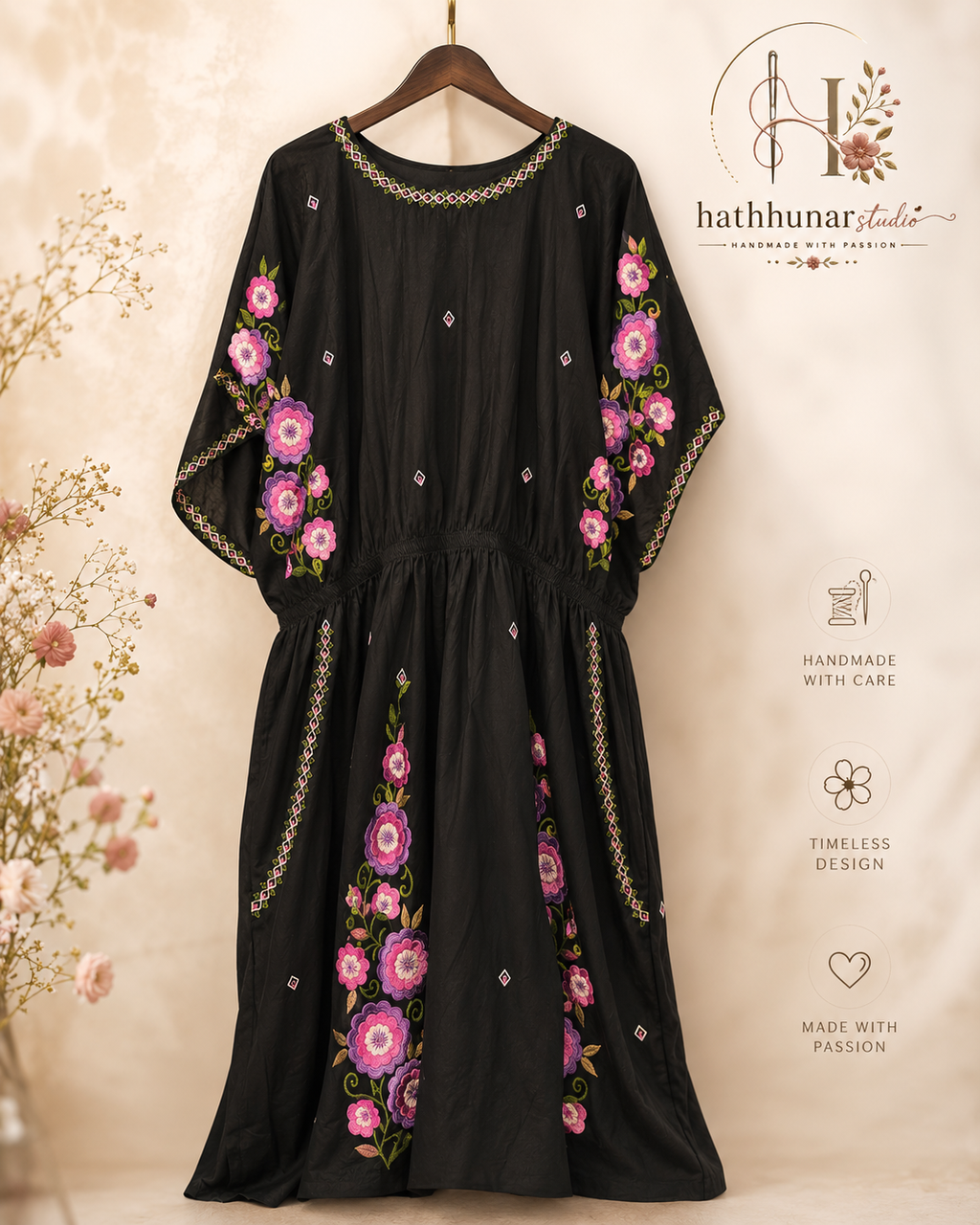 1 Piece - Black Floral Embroidered Lawn Kaftan - 42602010