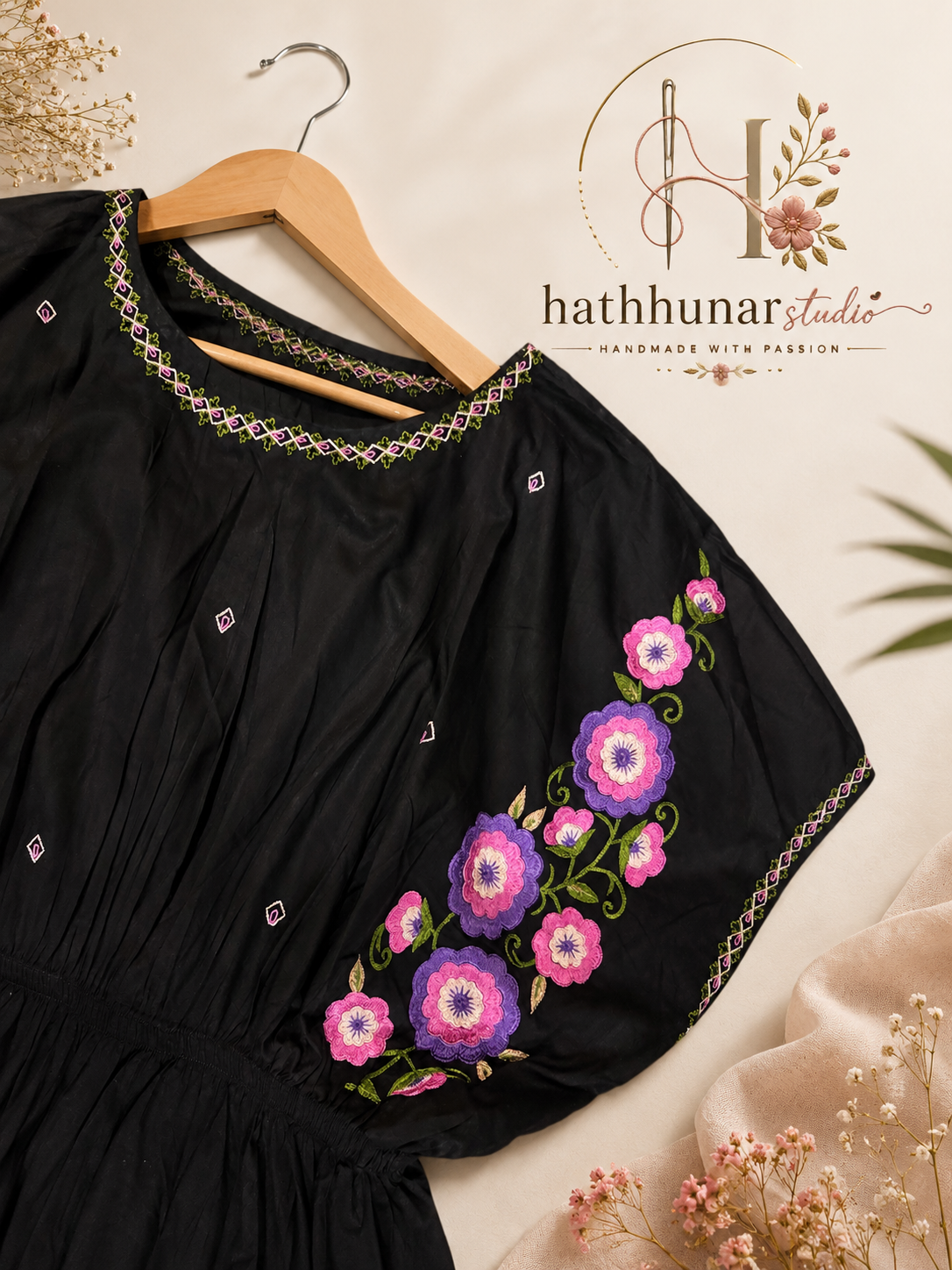 1 Piece - Black Floral Embroidered Lawn Kaftan - 42602010