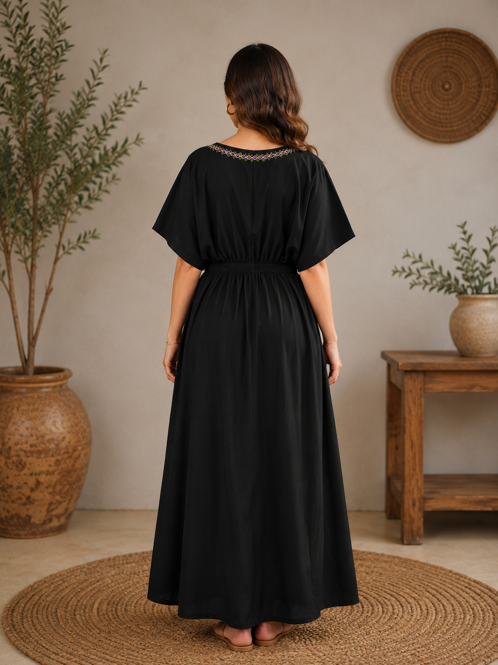1 Piece - Black Floral Embroidered Lawn Kaftan - 42602010