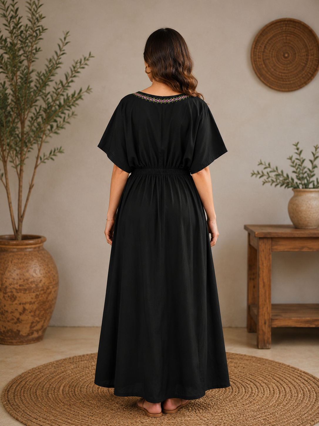 1 Piece - Black Floral Embroidered Lawn Kaftan - 42602010