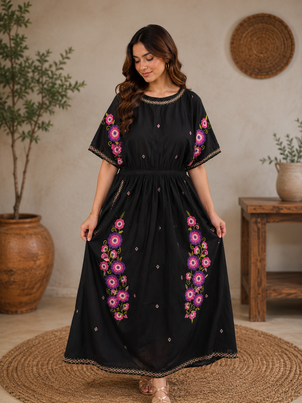 1 Piece - Black Floral Embroidered Lawn Kaftan - 42602010