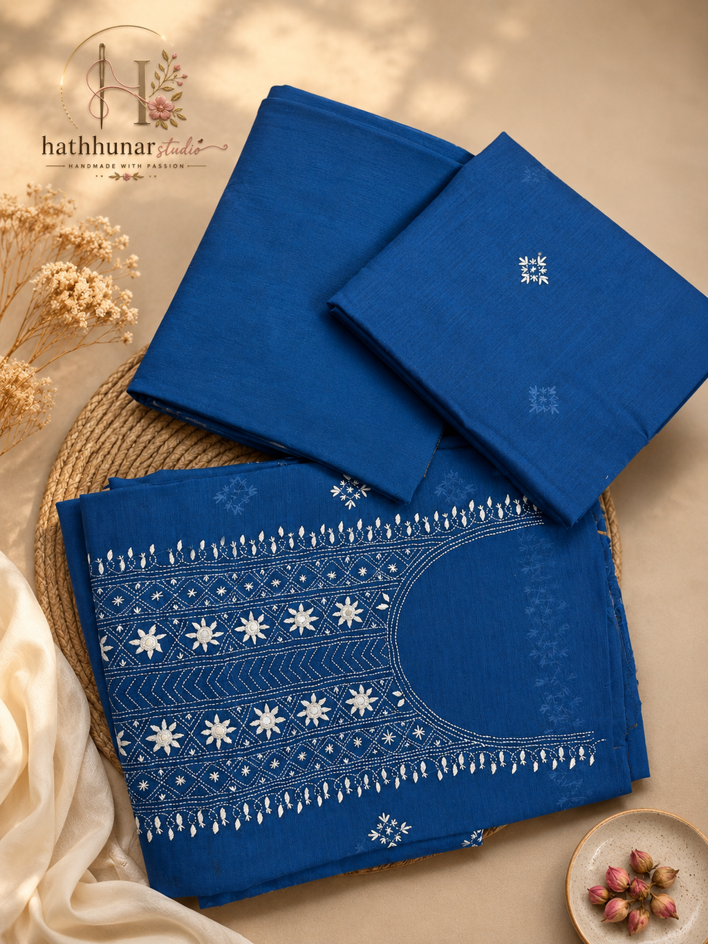 3 Piece- Embroidered Royal Blue Paper Cotton Suit - 42602026