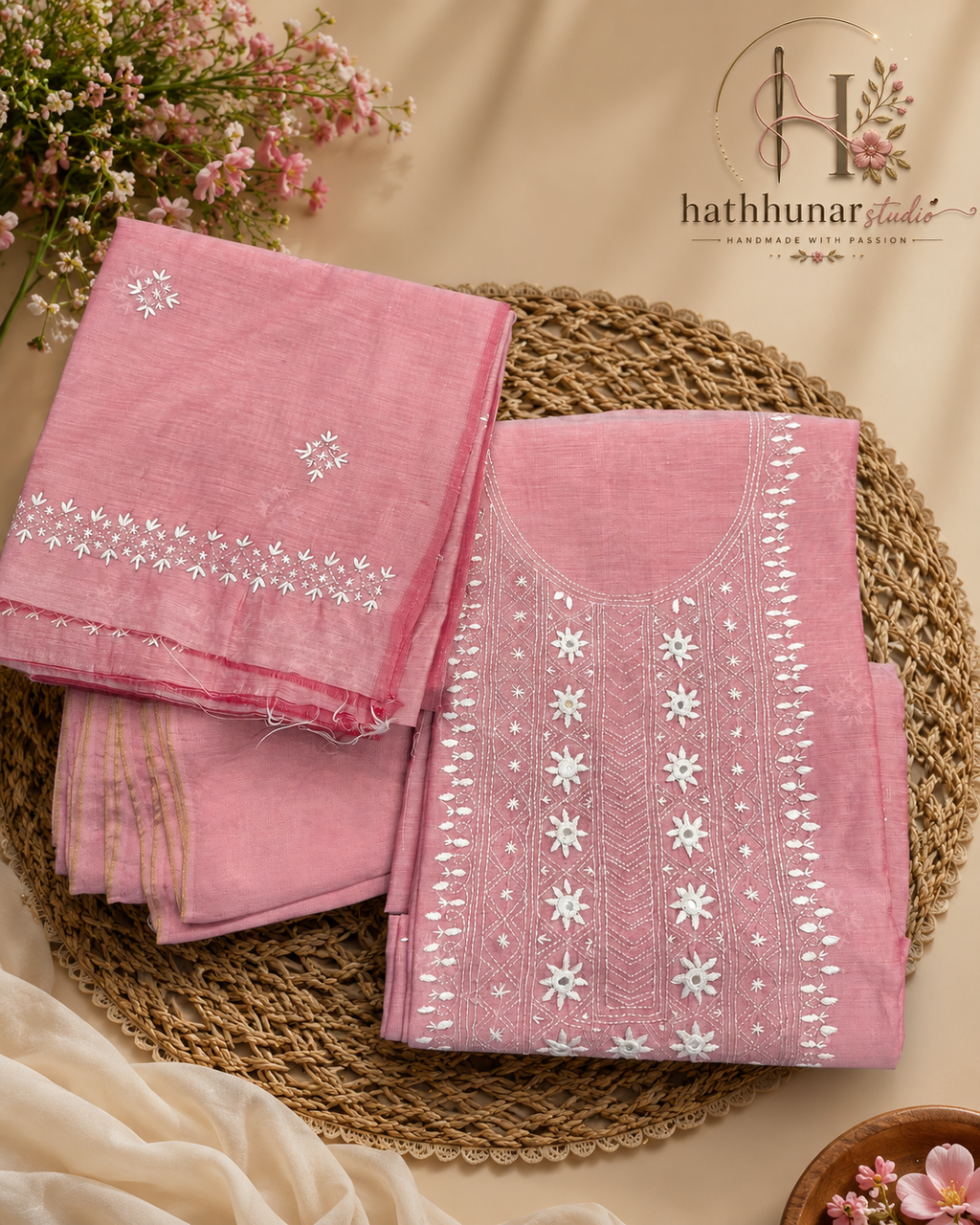3 Piece- Embroidered Dusty Pink Paper Cotton Suit - 42602025