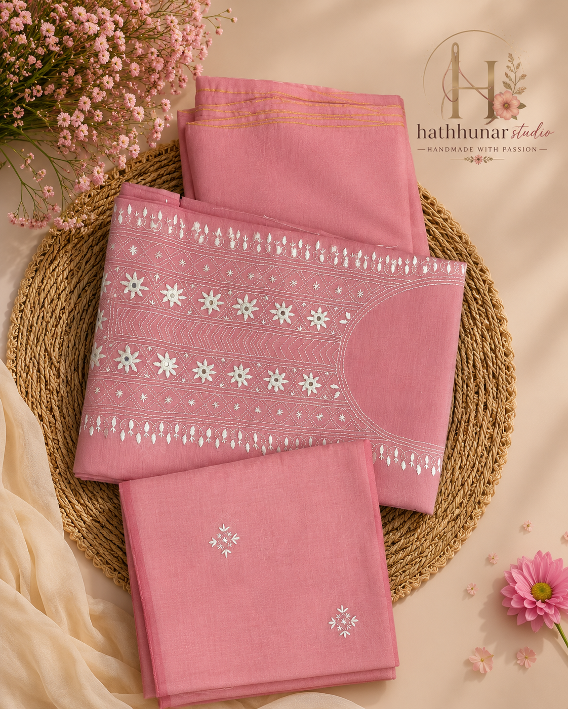 3 Piece- Embroidered Dusty Pink Paper Cotton Suit - 42602025